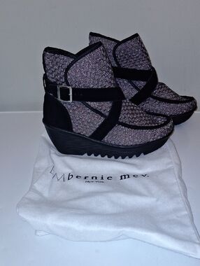 bernie mev. Quilted Gray and Black Wedge Booties with Buckle
